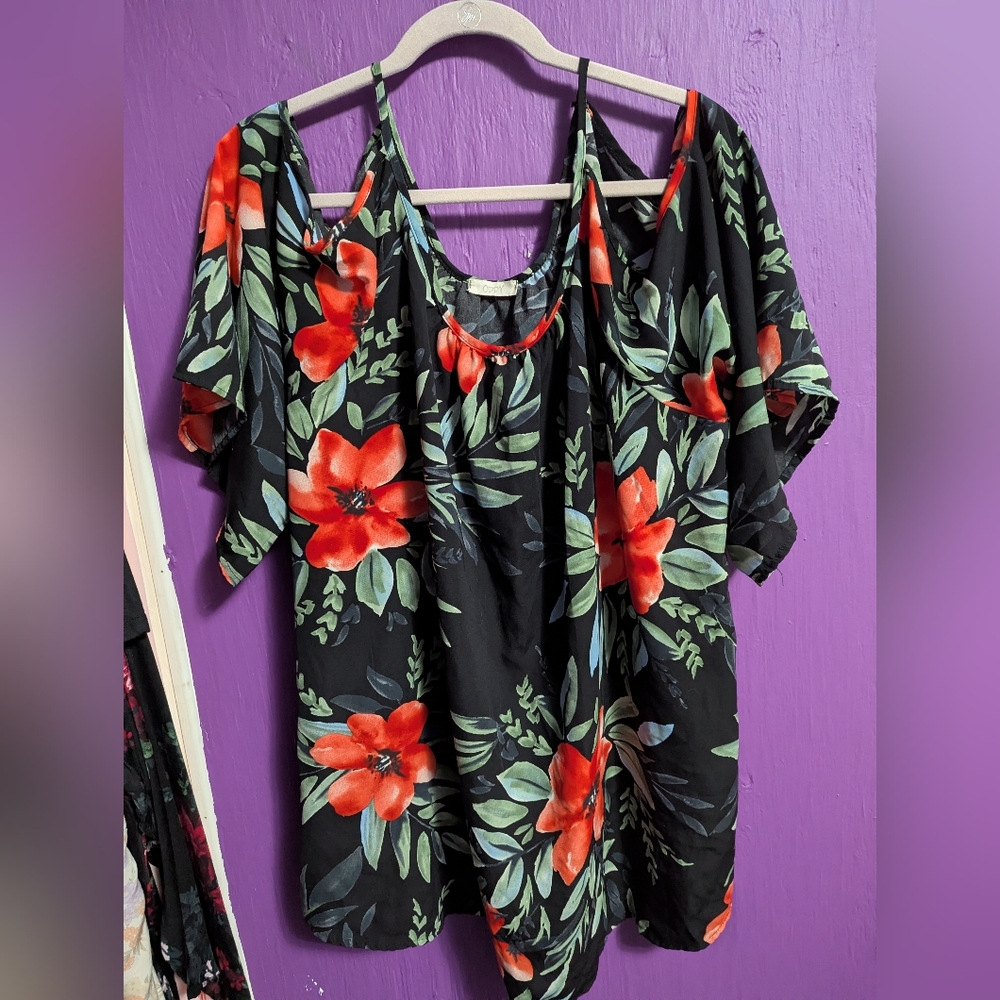 💜 ODDY Black Red Floral Cold Shoulder Tunic Blouse 3X 22 24